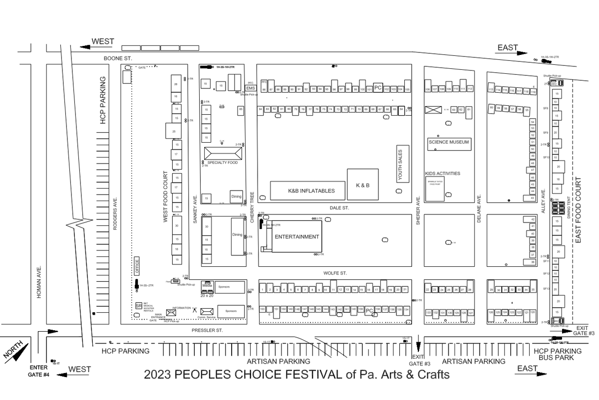 This event map shows the layout of this year’s People’s Choice festival, including vendor booths, entertainment stages and handicapped parking.