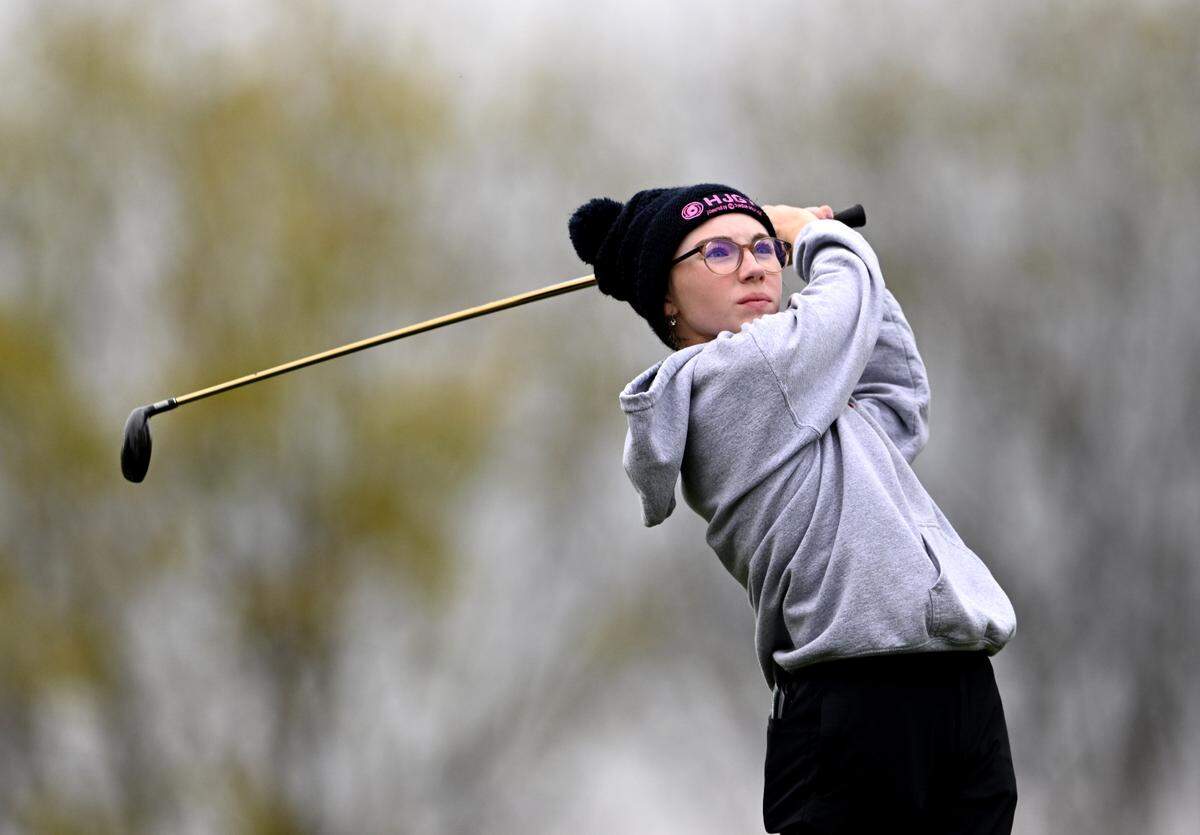 Saint Joseph’s Maddie Koshko tees off for the 16th hole during the PIAA golf championships at the Penn State Golf Courses on Tuesday, Oct. 17, 2023.