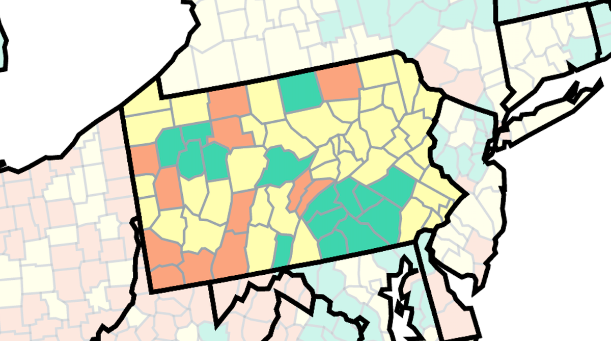 This map from the U.S. Centers for Disease Control and Prevention shows COVID-19 community levels by Pennsylvania county as of Aug. 26, 2022. The counties in orange are at high, yellow at medium and green at low.