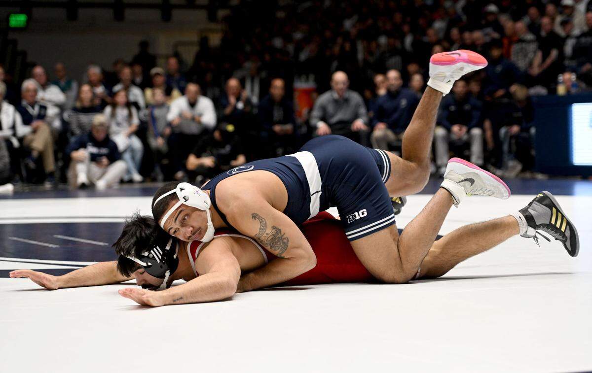 Penn State’s Aaron Brooks controls Nebraska’s Siloy Allred in the 197 lb bout of the match on Sunday, Feb. 18, 2024 in Rec Hall.