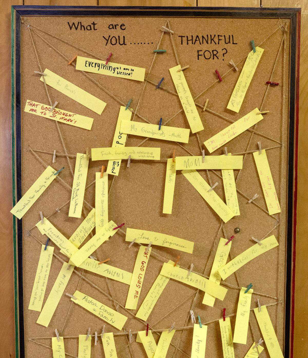 A bulletin board with notes what you are thankful for at St. Mark Lutheran Church in Snydertown on Monday, June 23, 2025.