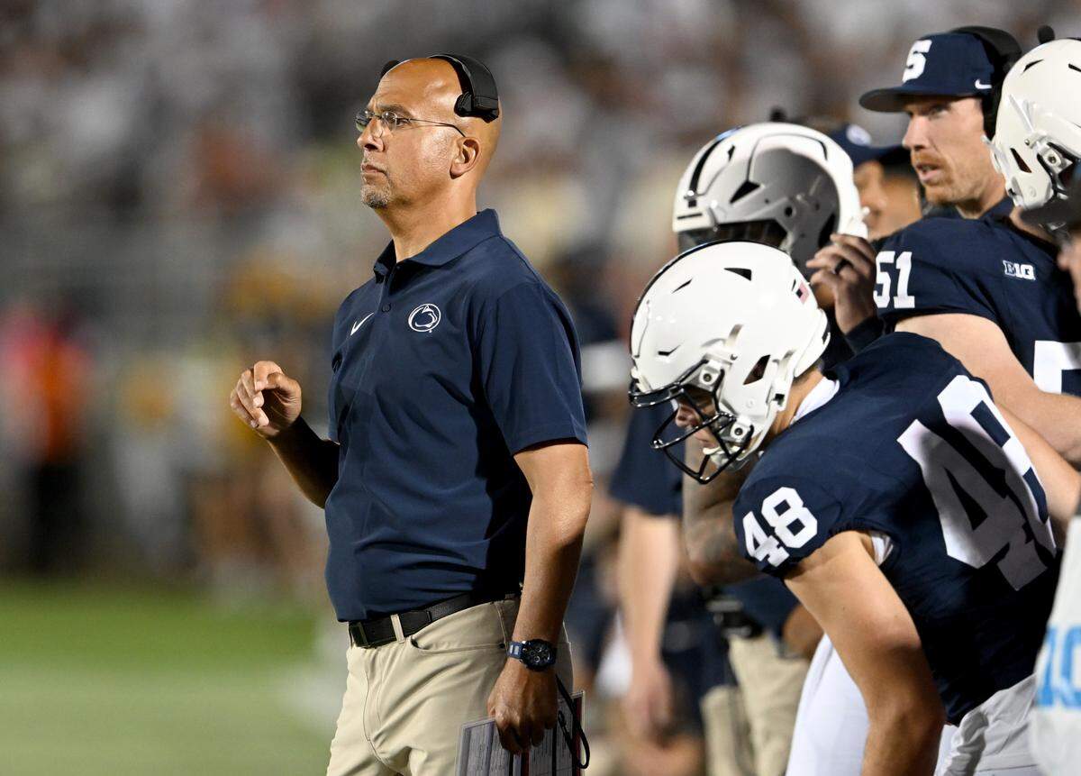 Penn State football coach James Franklin watches a play during the game against West Virginia on Saturday, Sept. 2, 2023.