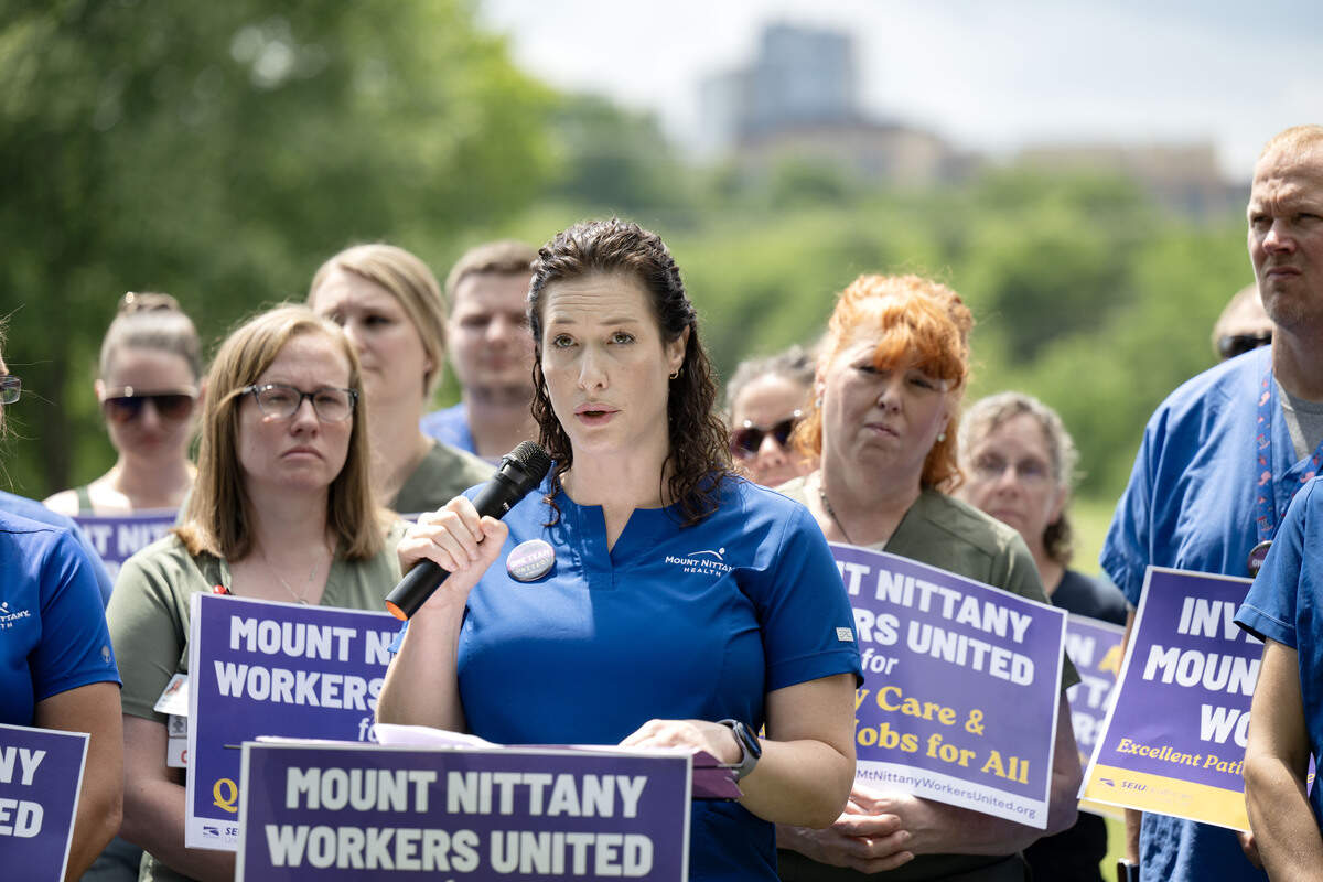 Melissa Krouse speaks surrounded by unionized coworkers from Mount Nittany Medical Center to announce a strike on Thursday, July 9, 2026.