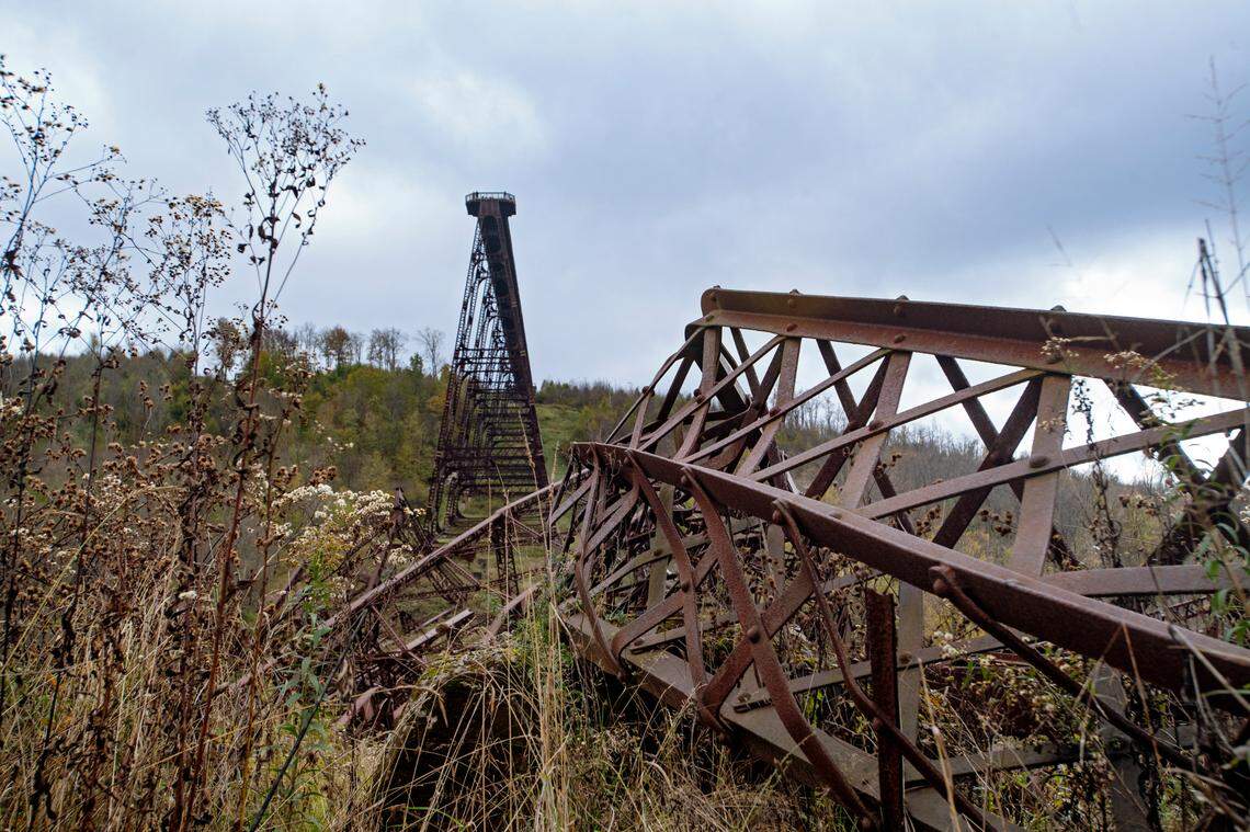Parts of beams lay on the valley floor at Kinzua Bridge in October 2018.
