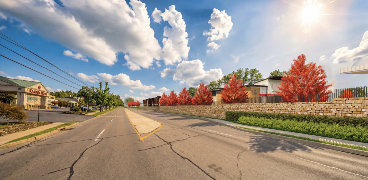 This rendering shows retaining walls proposed for the former Autoport property along South Atherton Street.