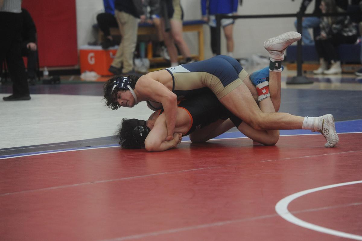 Bald Eagle Area’s Caleb Close controls Tyrone’s Kyle Scott in their 172-pound consolation finals match of the Ultimate Warrior Tournament on Saturday, January 28, 2023. Close topped Scott, 3-1.