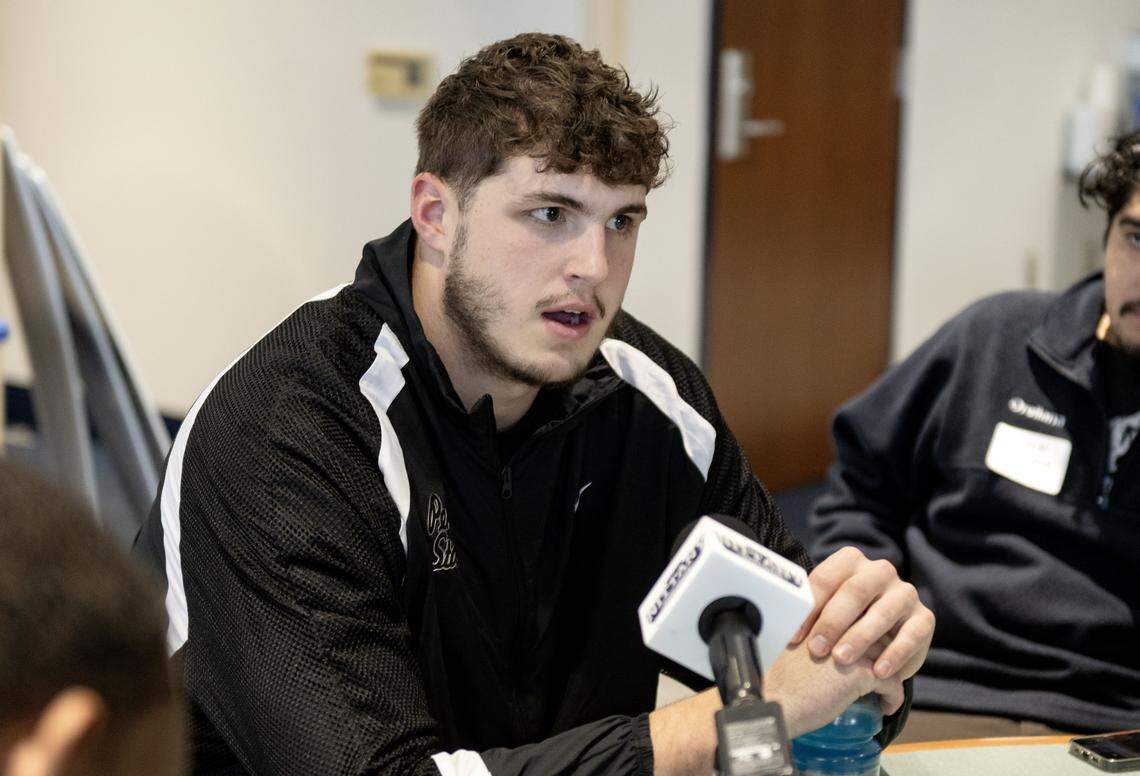 Penn State tight end Ben Brahmer talks to reporters on Wednesday, Feb. 25, 2026. 
