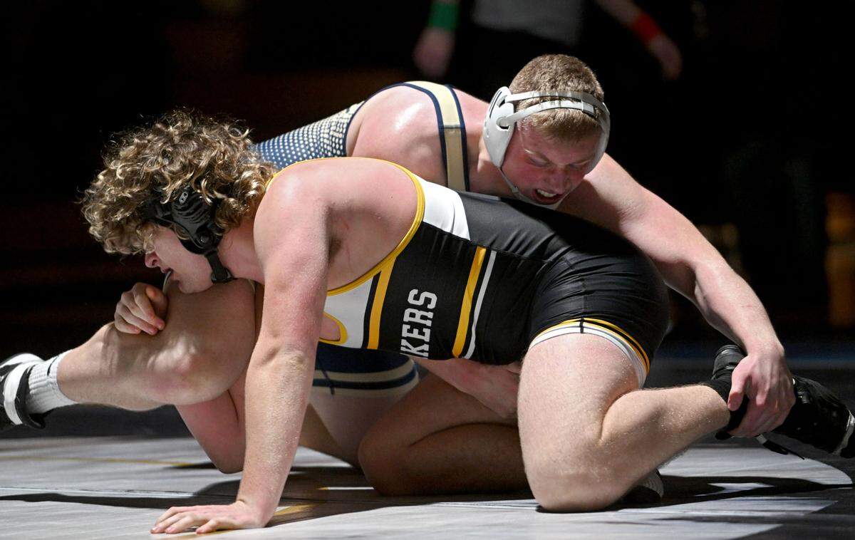 Bald Eagle Area’s Eric Clark controls Quaker Valley’s Chase Kretzler in the 285 lb bout of the match on Monday, Feb. 5, 2024.