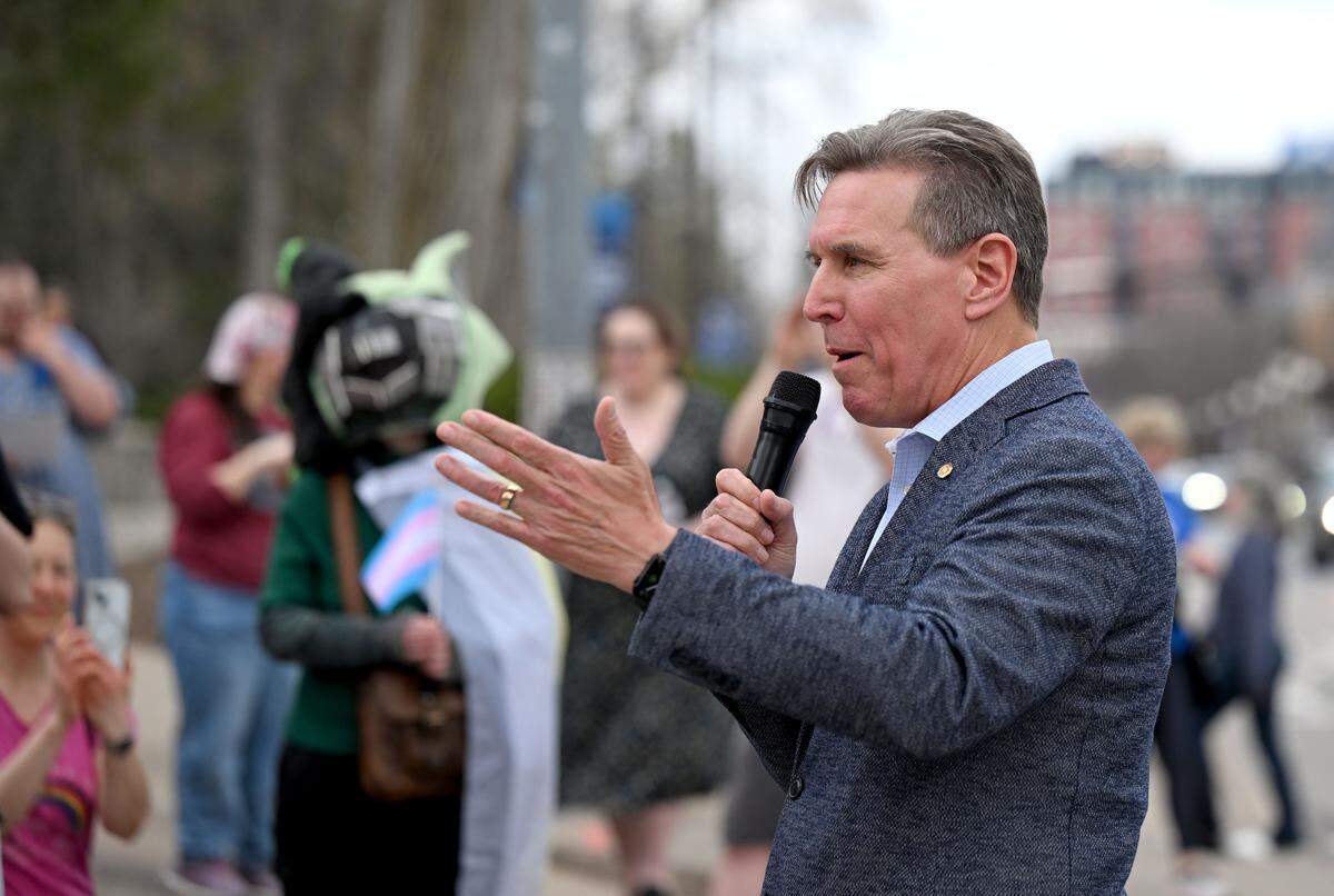 State Rep. Paul Takac speaks during the Transgender Day of Visibility rally about the bill he proposed on Tuesday, March 31, 2026.  