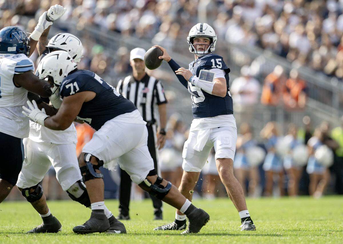 Penn State quarterback Drew Allar makes a pass during the game against Villanova on Saturday, Sept. 13, 2025.