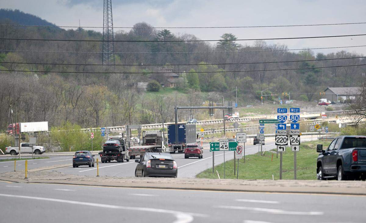 Traffic backs up to turn from I-99 onto I-80 east in Bellefonte on Thursday, April 18, 2024.