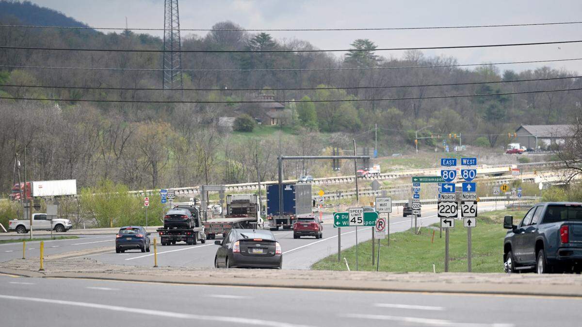 Traffic backs up to turn from I-99 onto I-80 east in Bellefonte on Thursday, April 18, 2024.