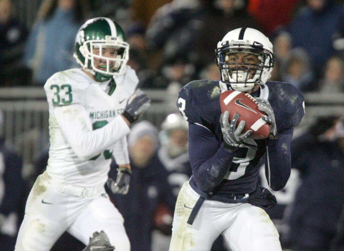 Penn State’s Deon Butler hauls in a catch past Michigan State’s Danny Fortener in the second half at Beaver Stadium on Saturday, November 22, 2008.