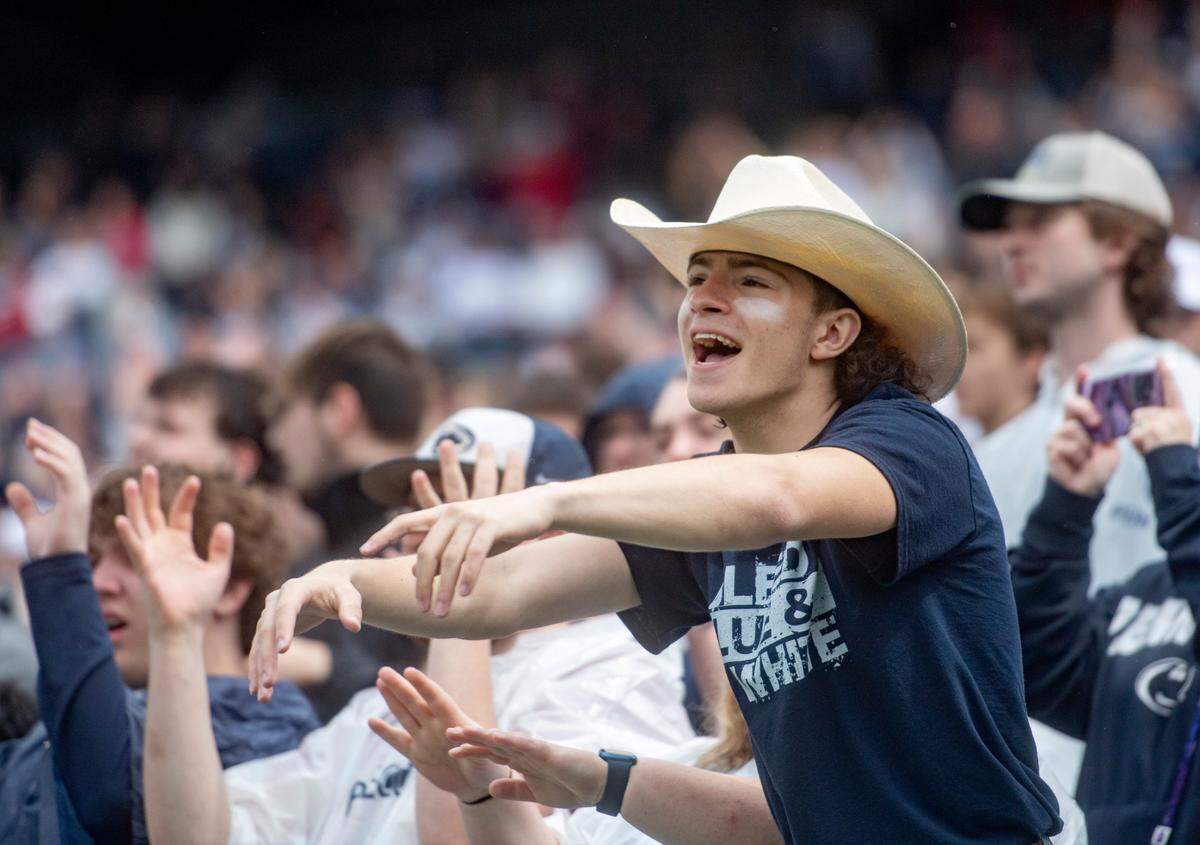 Penn State fans cheer during the Blue-White game on Saturday, April 15, 2023.