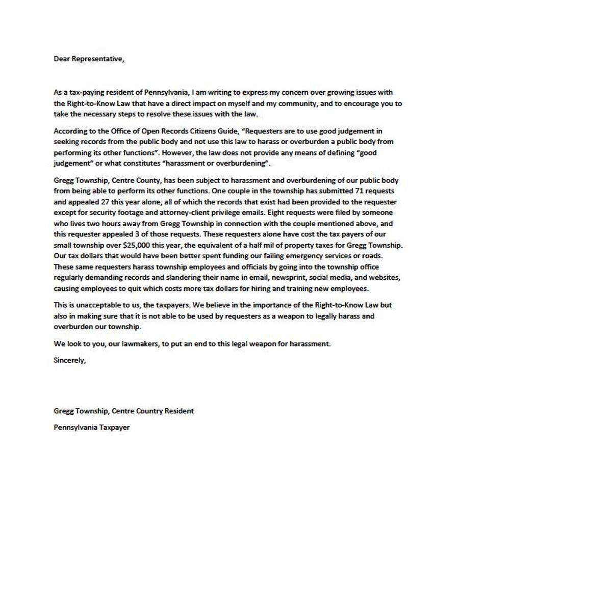 A template letter Gregg Township resident Dawn Harpster attached to a Facebook post asking residents to write to their state representative.