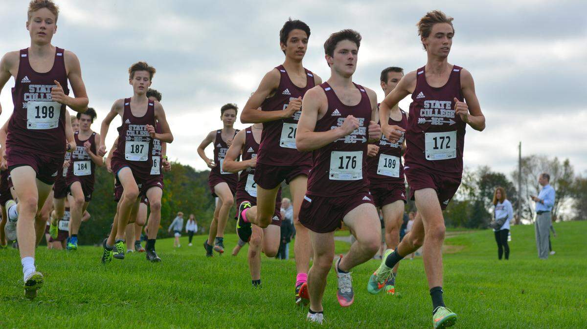 A pack of State College cross country runners including, Trent Dinant (172), Charles Endres (176), Tony Tzolov (202), Neil Maguire (187) and Nick Sloff (198) during the meet at Circleville Park on Monday, Oct. 11, 2021.