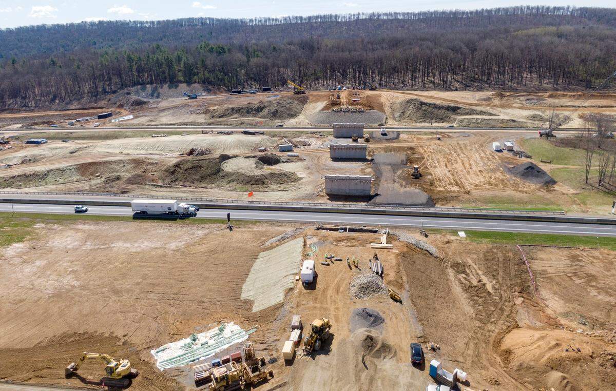 Construction continues for the new state Route 26 and Interstate 80 local interchange on Friday, April 22, 2022. The new road will connect local traffic to Jacksonville Road. A high speed interchange with I-99 will be in the next phase.