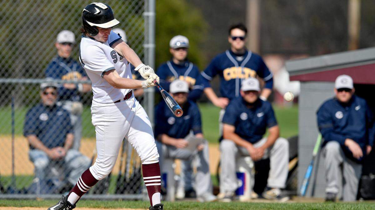 State College’s Matt Allison hits a double that scores two runs in the first inning of the game against Cedar Cliff on Tuesday, April 20, 2021.