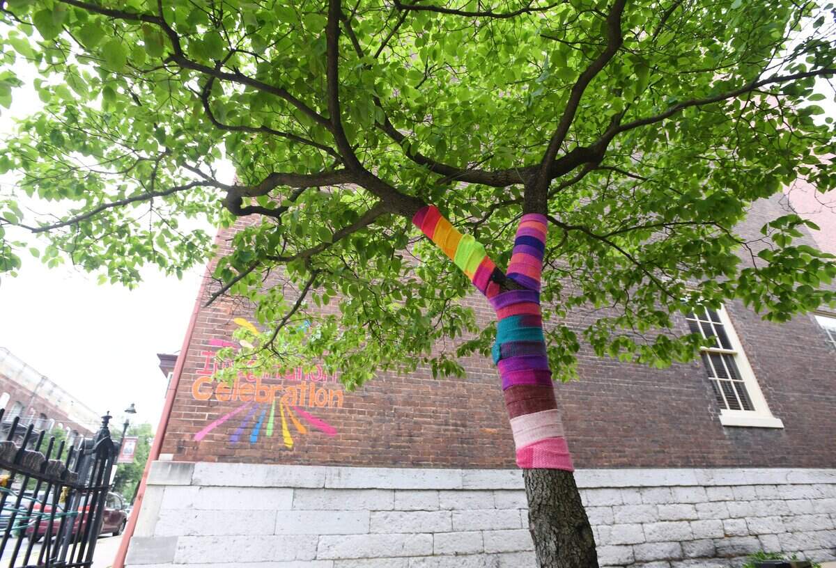Various kinds of yarn works are displayed as part of a yarn bombing installation in Bellefonte.