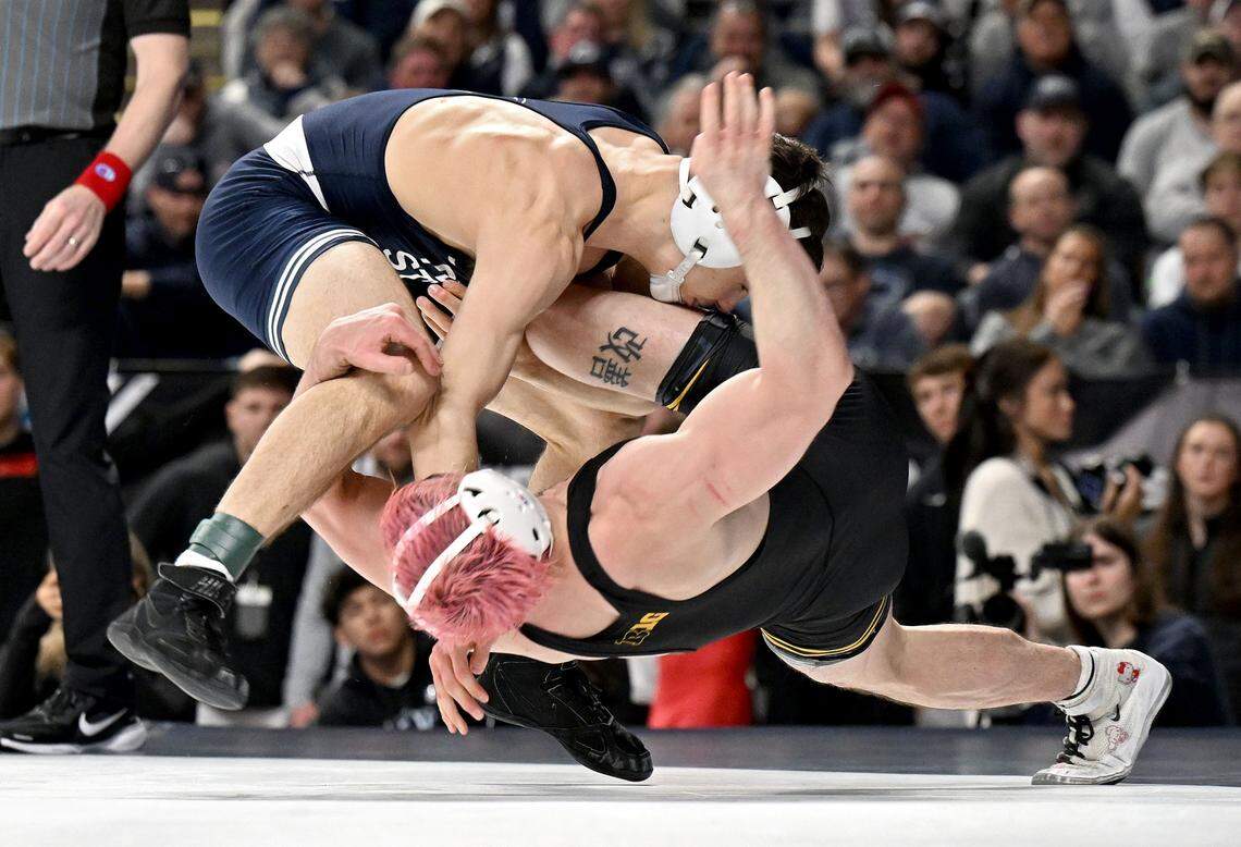 Penn State's Luke Lilledahl controls Iowa’s Dean Peterson in the 125-pound quarterfinal of the Big Ten wrestling championships on Saturday, March 7, 2026 at the Bryce Jordan Center.
