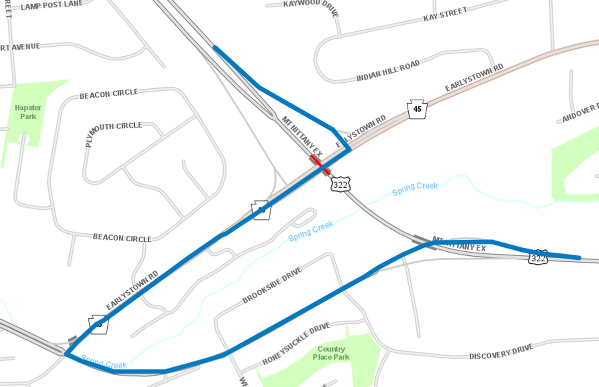 A closer look at the westbound detour that will be in place Tuesday when crews work on westbound lane of the Route 322 bridge that spans Route 45 in Harris Township.