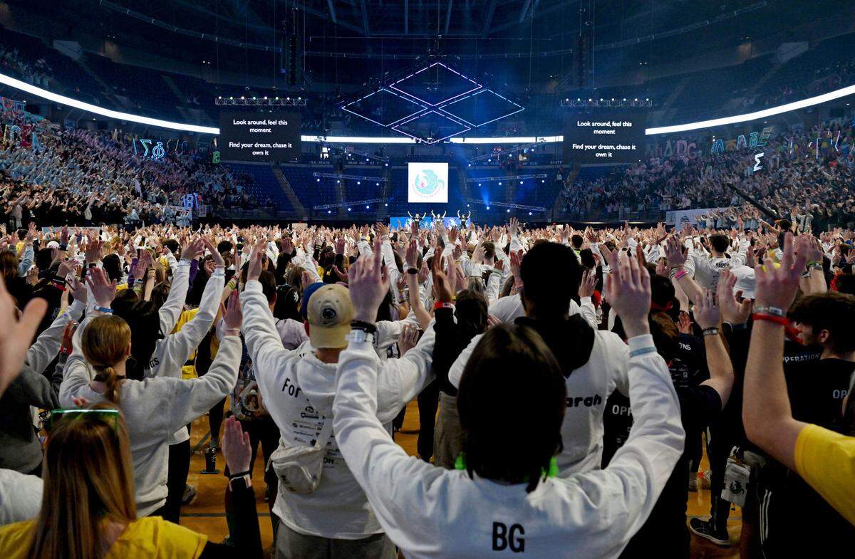 The crowd learns the line dance for the Penn State IFC/Panhellenic Dance Marathon on Friday, Feb. 16, 2024 at the Bryce Jordan Center. The line dance is performed once an hour through the 46 hours.