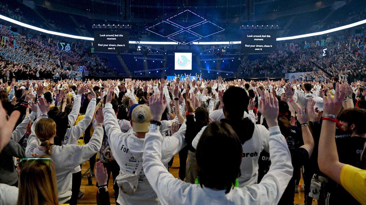 The crowd learns the line dance for the Penn State IFC/Panhellenic Dance Marathon on Friday, Feb. 16, 2024 at the Bryce Jordan Center. The line dance is performed once an hour through the 46 hours.