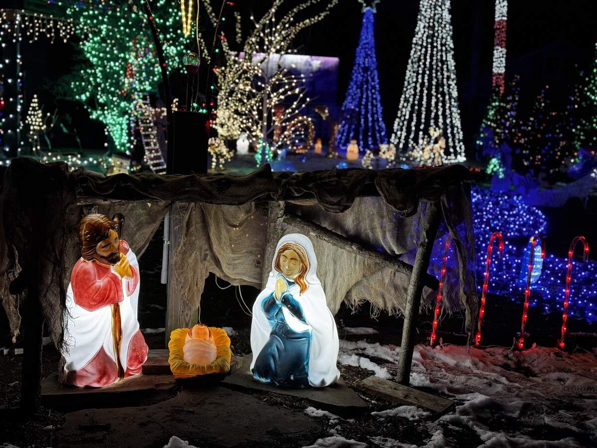 A Nativity scene is lit in front of the display at 157 Oklawaha St., Milesburg, on Dec. 6, 2025.