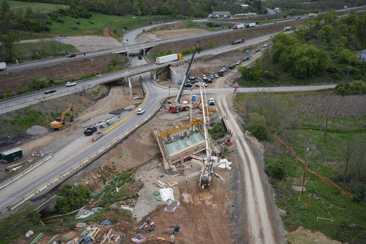Construction on the I-80/I-99 high-speed interchange on May 15, 2026. 