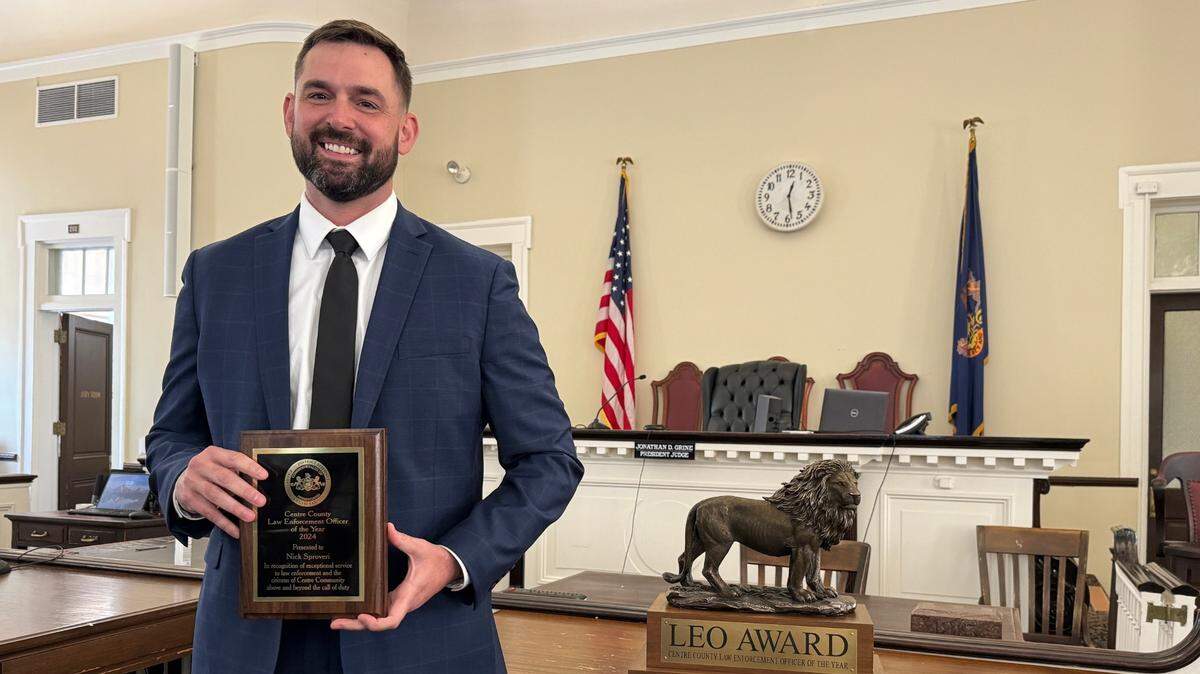 Penn State police Sgt. Nick Sproveri after being recognized Thursday as the 2024 Centre County Law Enforcement Officer of the Year at the Centre County Courthouse.