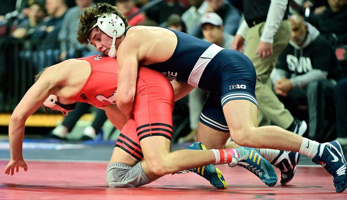 Penn State’s Tyler Kasak controls Rutgers’ Conner Harer in their 157-pound bout of the Nittany Lions’ 35-3 win on Jan. 24 in Piscataway, NJ. Kasak topped Harer, 4-0, in a battle of former Pennsylvania wrestlers.