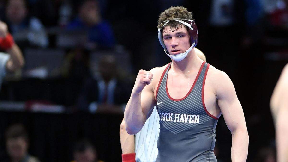 Lock Haven’s Corey Hazel, a Penns Valley grad, reacts after his win over Bryce Carr in the 184-pound bout during the NCAA Division I Wrestling Championships last season. Lock Haven and six other EWL wrestling programs announced Tuesday they will be joining the Mid-American Conference next season.