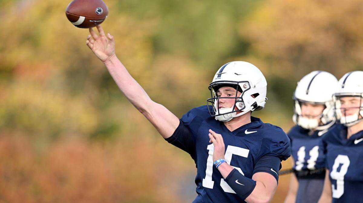 Penn State quarterback Drew Allar makes a pass during practice on Wednesday, Nov. 2, 2022.