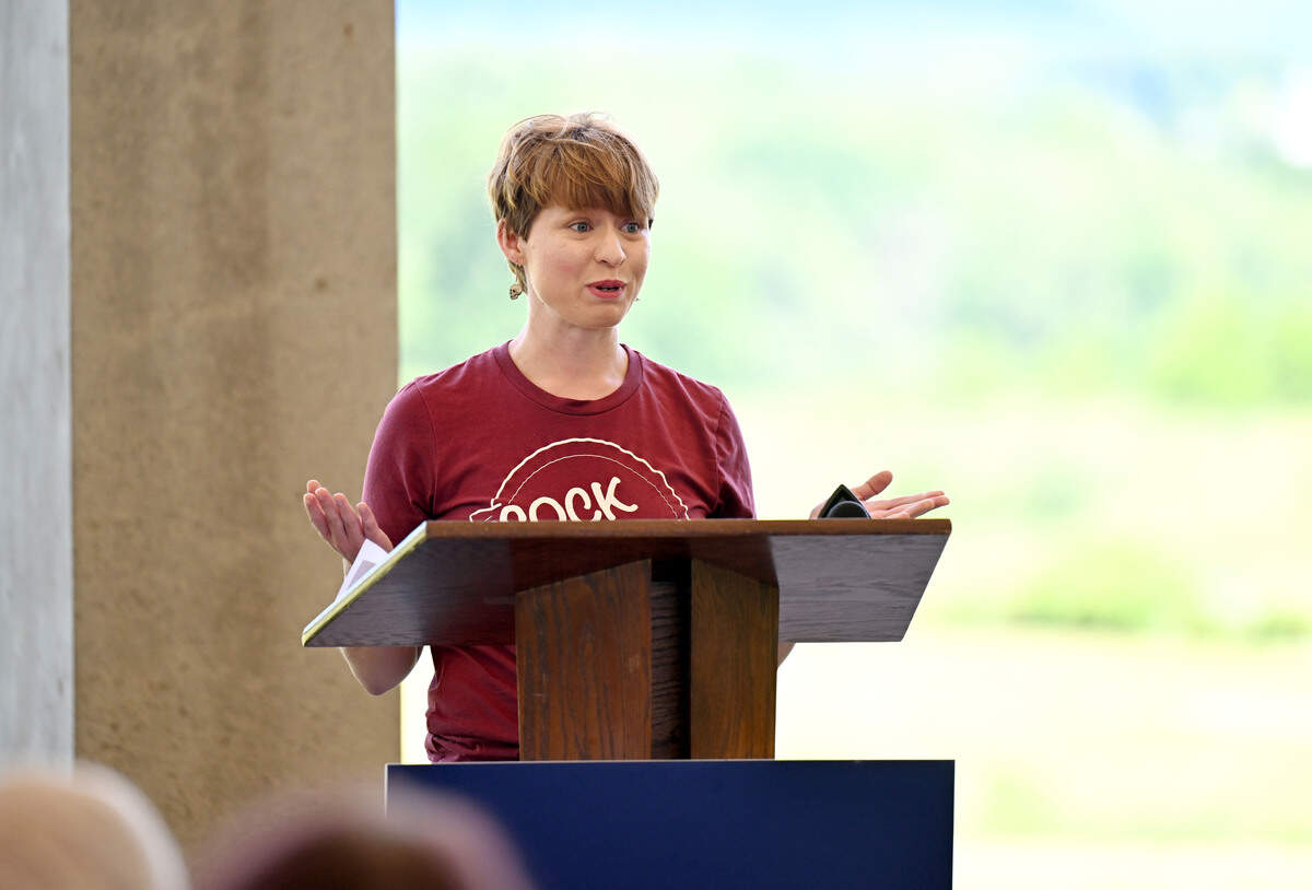 Stefanie Austin, president of Sock and Buskin Theatre Company, speaks during the Happy Valley Adventure Bureau 2026-2027 tourism grant announcement on Wednesday, June 24, 2026 at The Arboretum at Penn State.