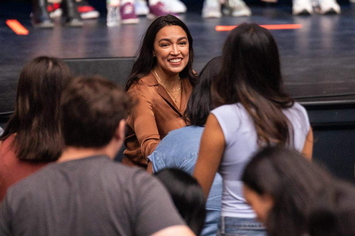 Congresswoman Alexandria Ocasio-Cortez greets students during Our Fight Our Future Rally at the University of Texas in Austin Tuesday, Oct. 1, 2024. Bernie Sanders, Alexandria Ocasio-Cortez, Greg Casar, Lloyd Doggett, Beto O'Rourke and University Democrats held a rally to encourage young voters to register and vote in the upcoming election.