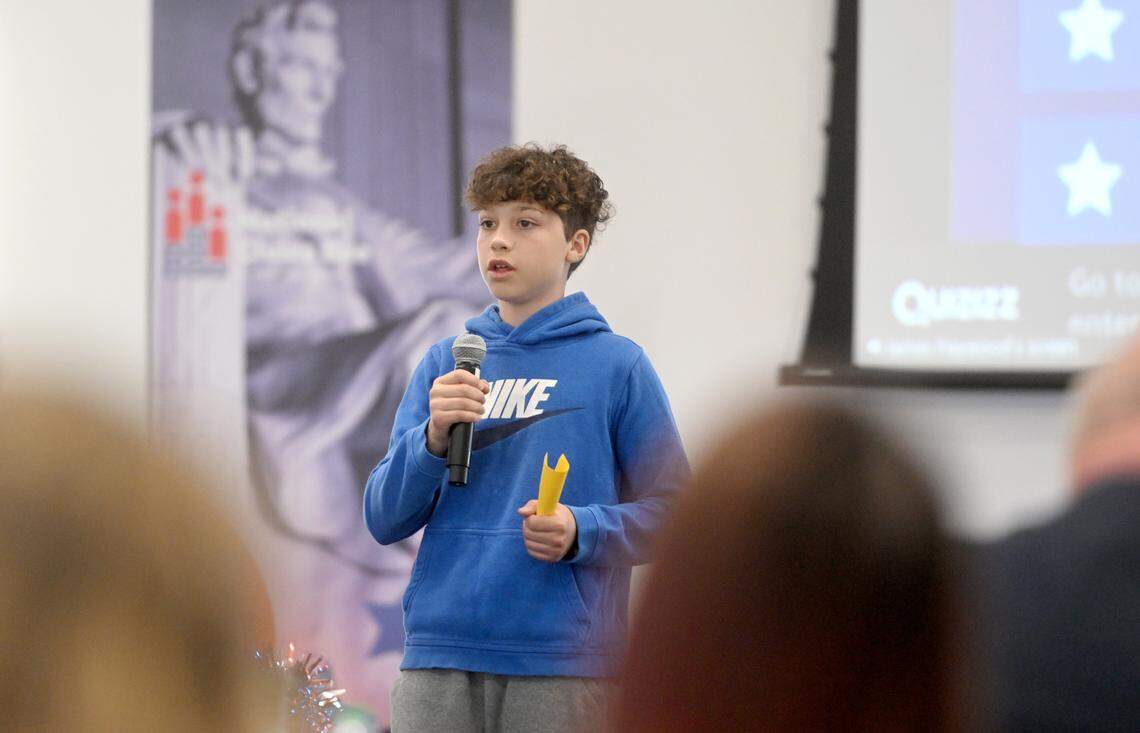 Philipsburg-Osceola Middle School sixth grader Elliot Mann answers questions from the judges during the final round of the Centre County’s 2023 National Civics Bee on Monday at the Eric J. Barron Innovation Hub.