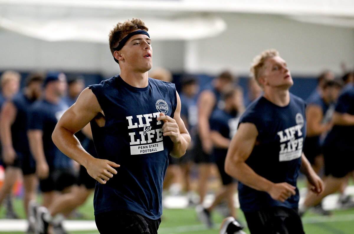 Penn State wide receiver Brett Eskildsen warms up for Lift For Life on Wednesday, July 1, 2026.