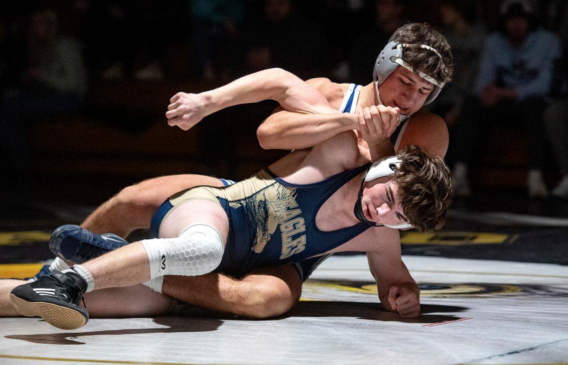 Penns Valley’s Cole Felker controls Bald Eagle Area’s Nathan Fry in the 172 lb bout of the District 6 2A team quarterfinals on Tuesday, Feb. 1, 2022. Felker won by fall at 2:31.