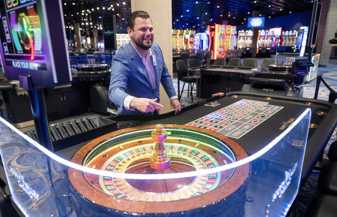 Steve Rinaldi, director of tables games at Happy Valley Casino, demonstrates the roulette table on Thursday, April 23, 2026 during a media tour.