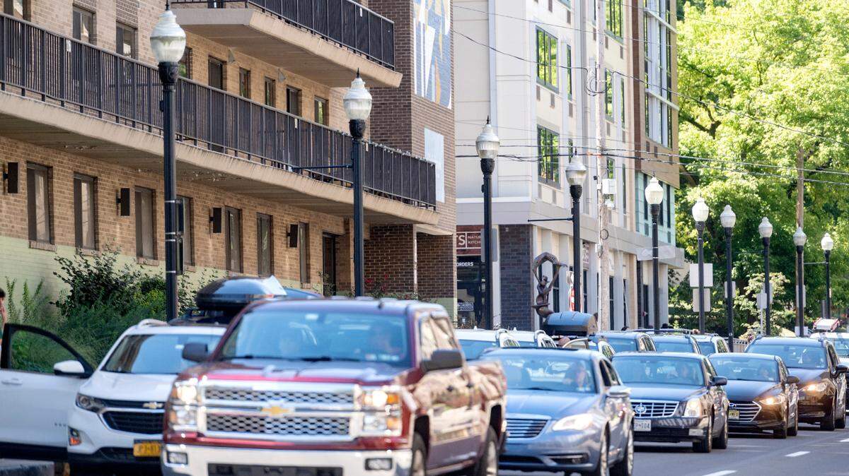 Traffic is backed up along Beaver Avenue as Penn State students move into downtown apartments on Friday, Aug. 19, 2022. Penn State and State College Borough recently announced temporary traffic and parking changes for the 2024 move-in process.