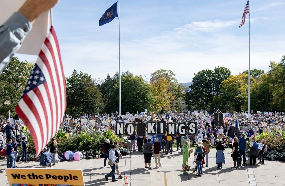 More than 1,500 people gathered on Old Main lawn for the No Kings anti-Trump rally on Saturday, Oct. 18, 2025. 