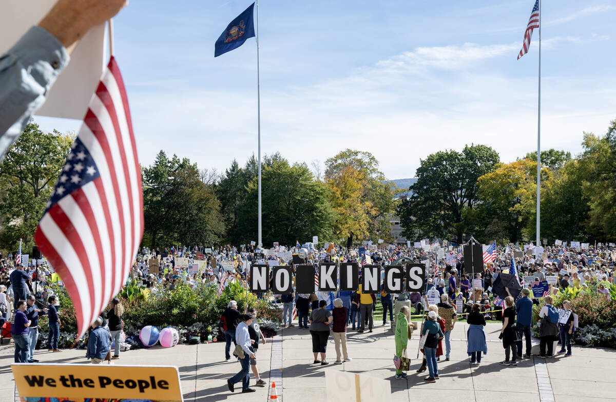 More than 1,500 people gathered on Old Main lawn for the No Kings anti-Trump rally on Saturday, Oct. 18, 2025.