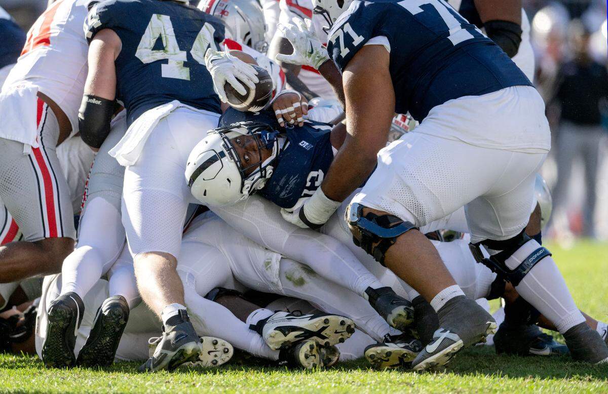 Penn State running back Kaytron Allen tries to reach through the pile but falls short of the end zone during the game against Ohio State on Saturday, Nov. 2, 2024 at Beaver Stadium.