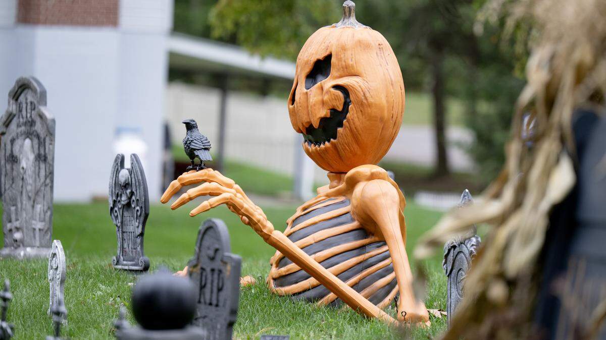 Halloween decorations in front of a home along Houserville Road in this Oct. 14, 2025, photo. Here’s what to expect if you’re headed out to trick-or-treat in Centre County this Halloween.