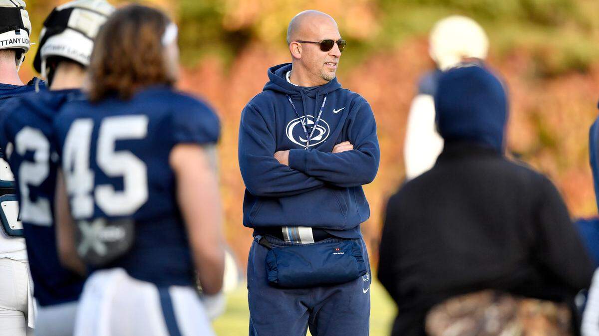 Penn State football coach James Franklin watches the defense run a drill during practice on Wednesday, Nov. 24, 2021.