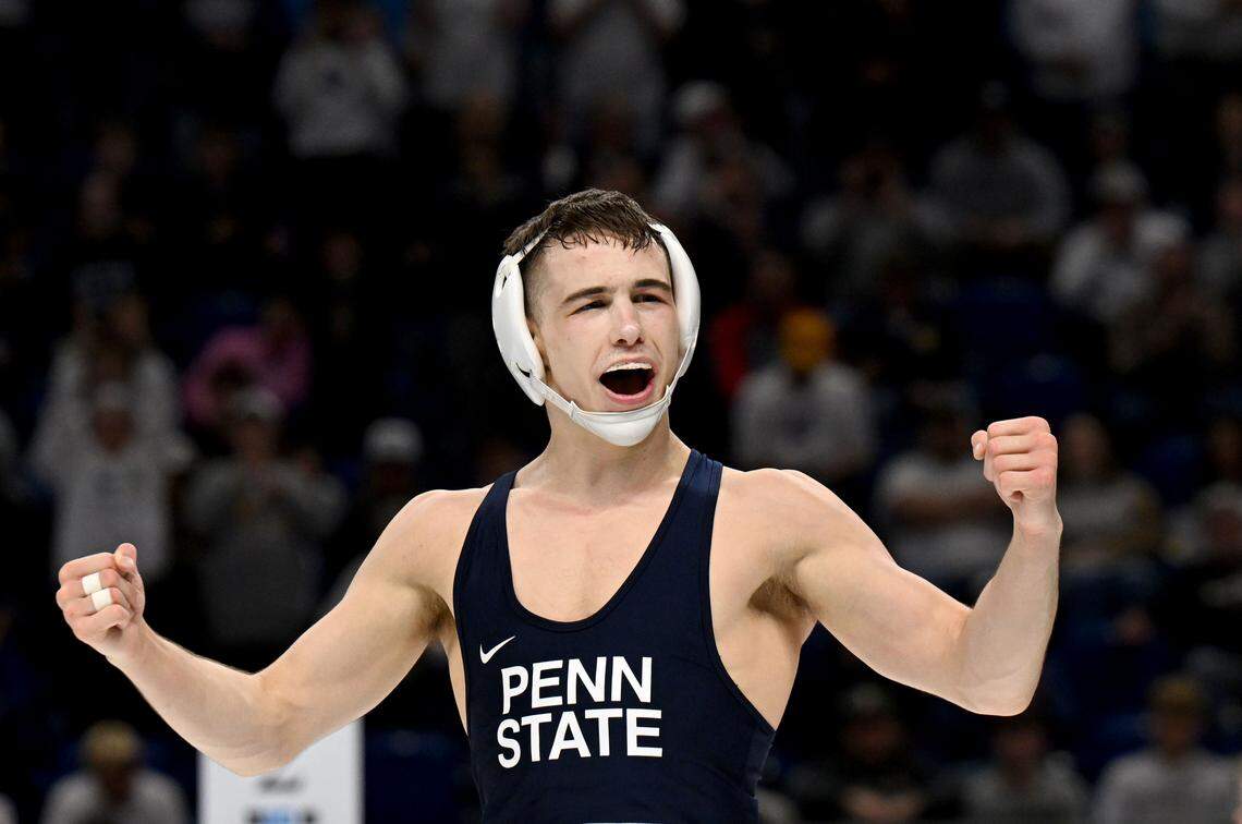 Penn State's Luke Lilledahl celebrates winning the 125-pound title in the Big Ten wrestling championships on Sunday, March 8, 2026.  