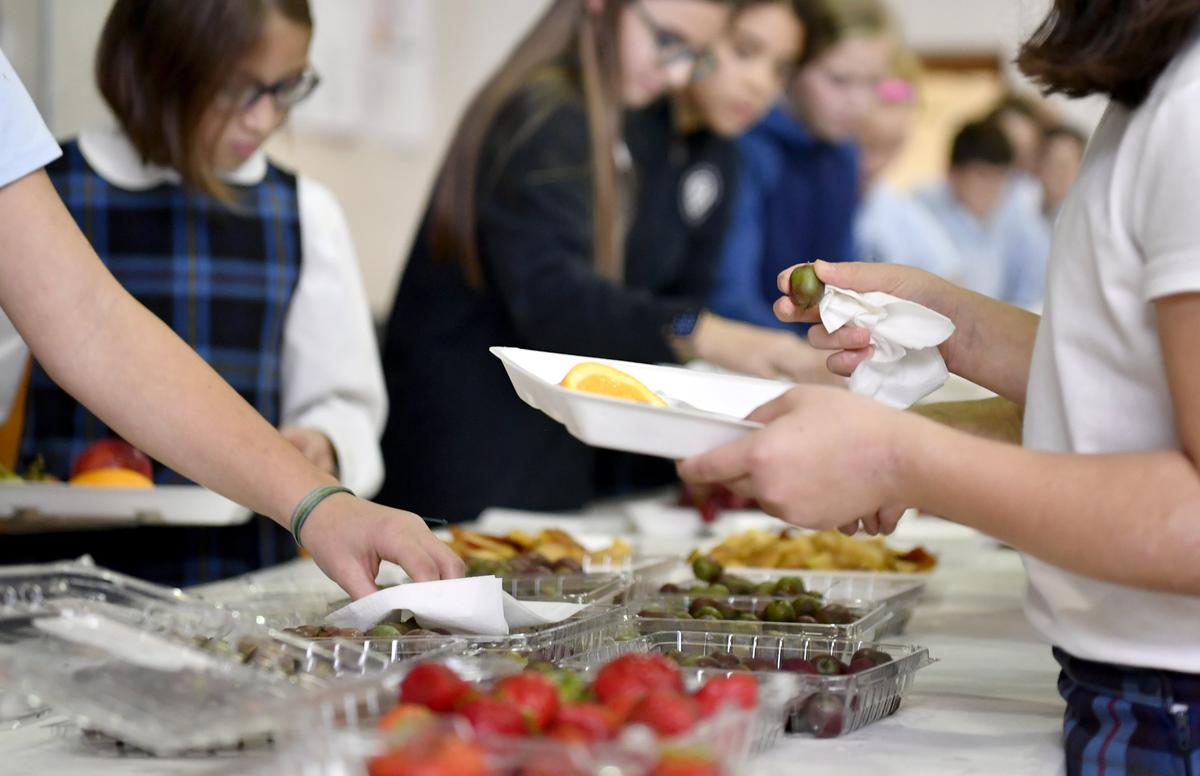 Students at Our Lady of Victory school try an assortment of fruits, including kiwi berries, thanks to the YMCA Traveling Table program on Wednesday, Oct. 30, 2019.