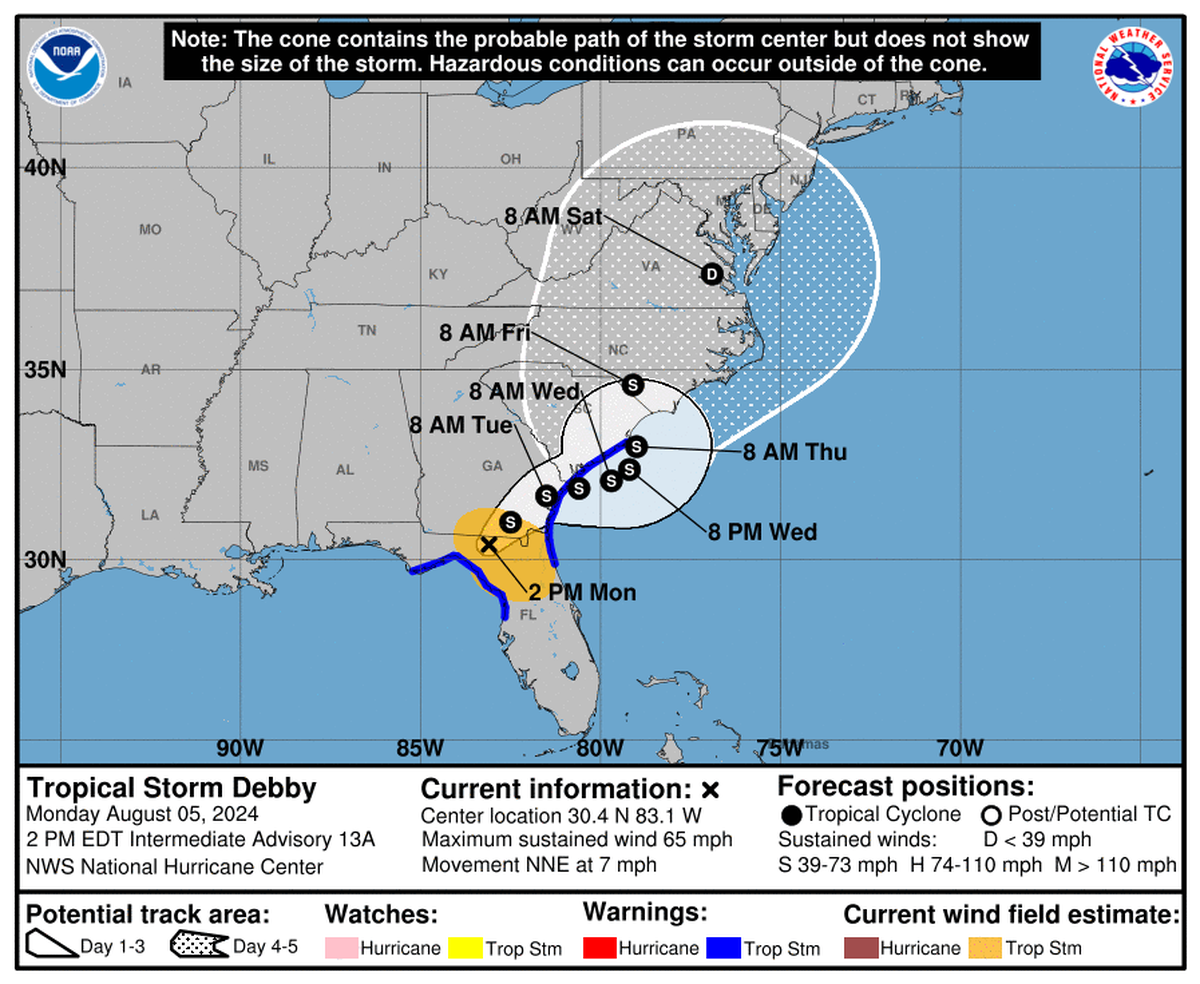 As of Monday afternoon, this forecast cone shows the possible path Tropical Storm Debby might take as it moves up the East Coast this week.