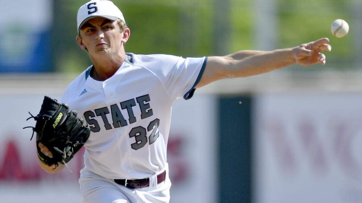 State College’s David Shoemaker pitches during the District 6 6A baseball title game against Altoona at People Natural Gas Field on Thursday, May 24, 2018.  State College won, 12-1 in five innings.  