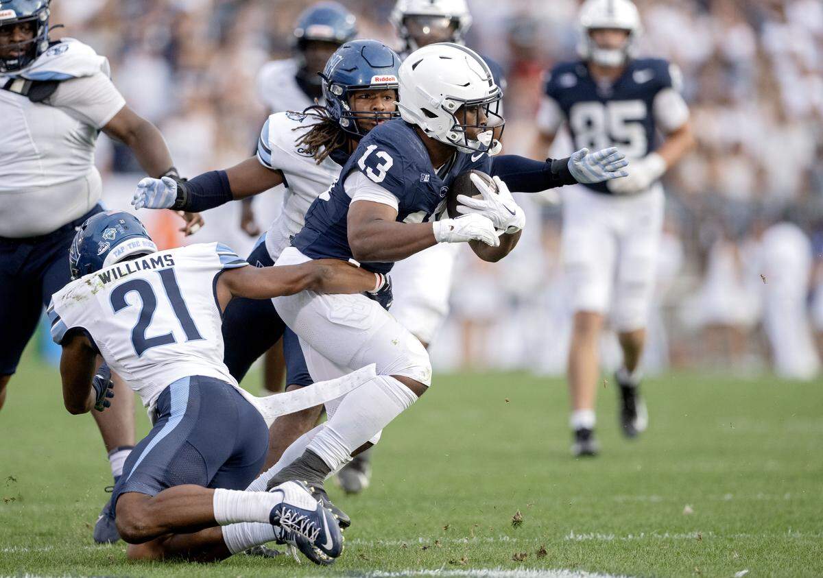 Villanova defenders can’t stop Penn State running back Kaytron Allen during the game on Saturday, Sept. 13, 2025.